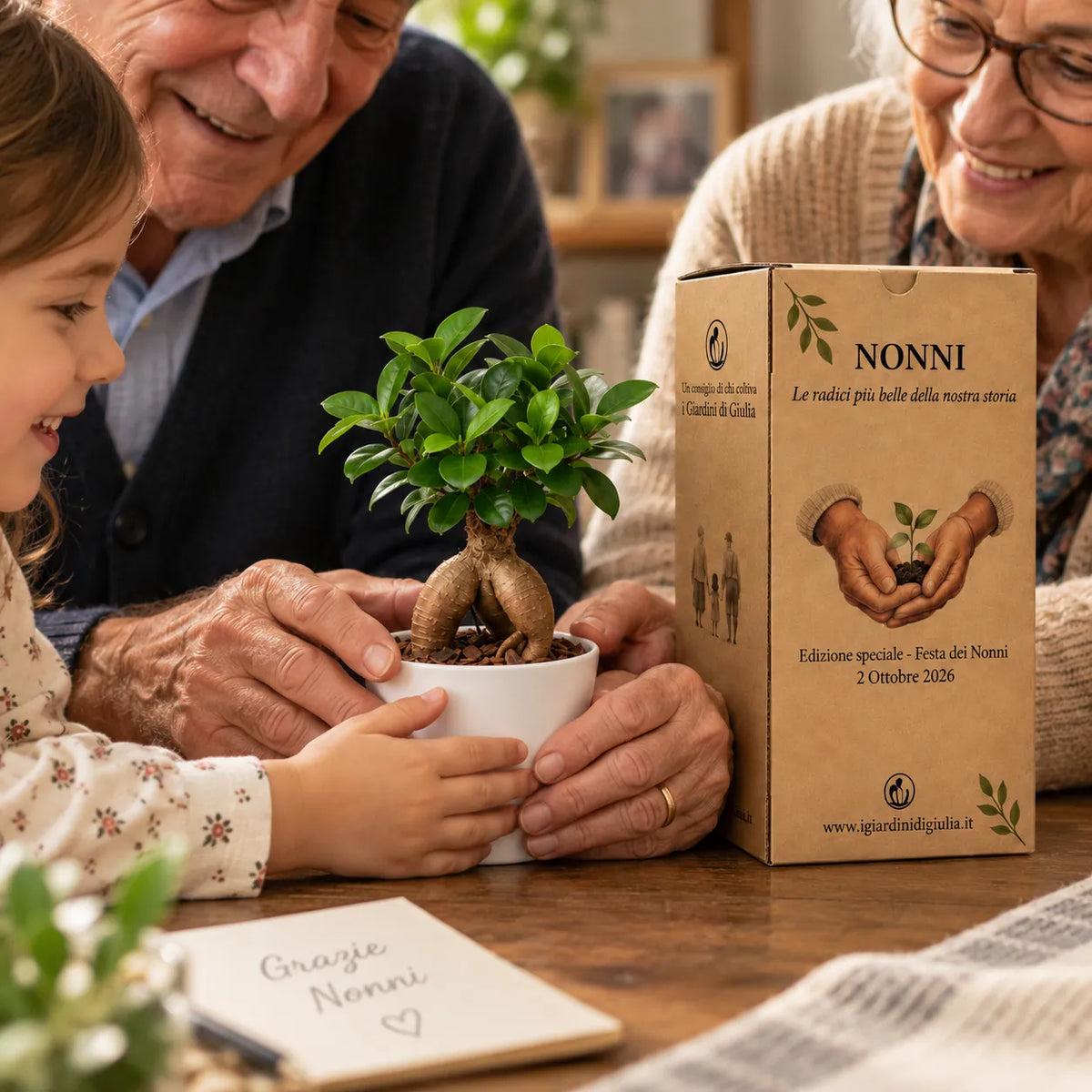 Bonsai Mini Ficus Ginseng in Vaso di Ceramica edizione festa dei nonni