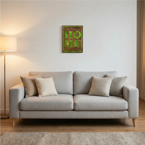 Quadro in Muschio Stabilizzato con Scritta HOME – 50x35 cm | Decorazione Verde da Parete