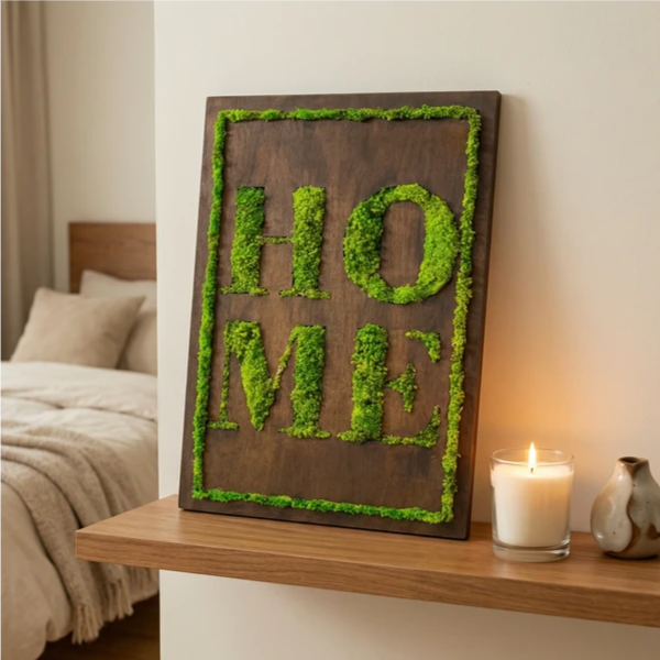 Quadro in Muschio Stabilizzato con Scritta HOME – 50x35 cm | Decorazione Verde da Parete
