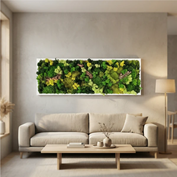 Quadro Rettangolare Muschio e Licheni Stabilizzati con Sughero – 90x30 cm | Cornice Bianca o Nera