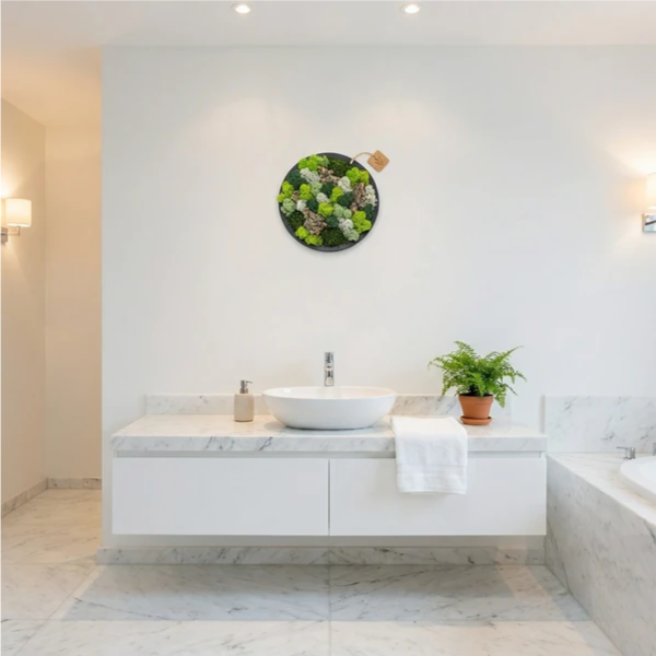 Quadro tondo nero di muschio e licheni